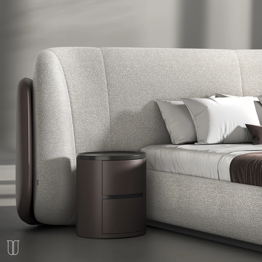 Asteria bed, Silver Drop in bouclé and leather